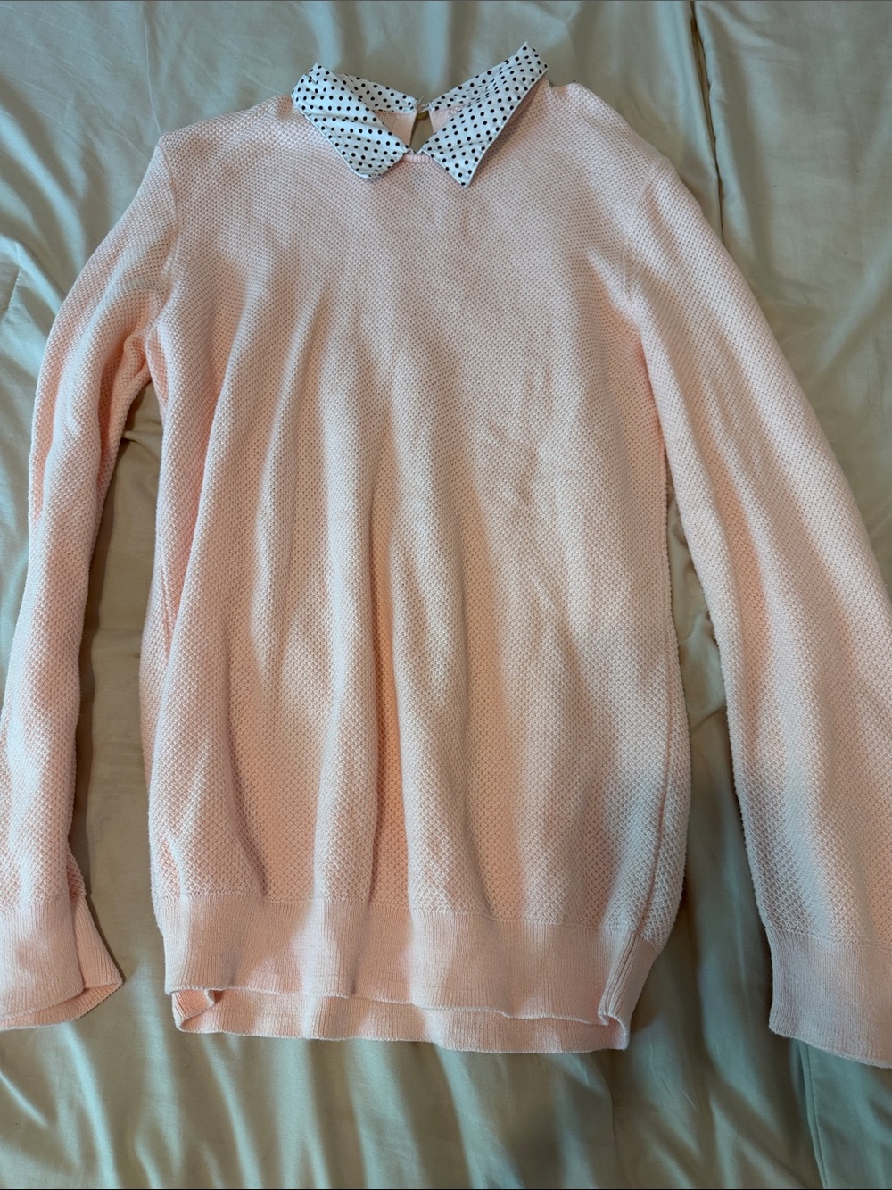 J. Crew Pale Pink Crewneck Sweater with Dot-Print Collar